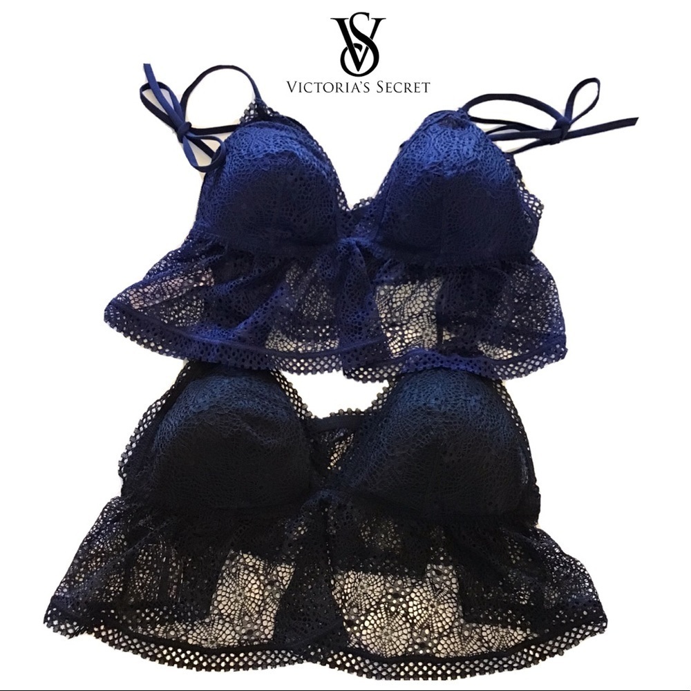 NWOT (2) Victorias Secret Black & Blue Lace Ruffle Cami Bralettes Size Large